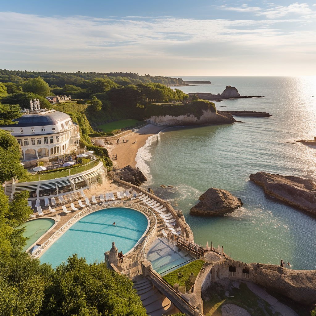 A panoramic view of a seaside spa resort in Brittany or Biarritz.
