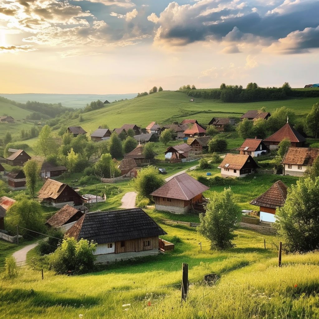 A panoramic view of a traditional Romanian village with wooden houses and green fields.