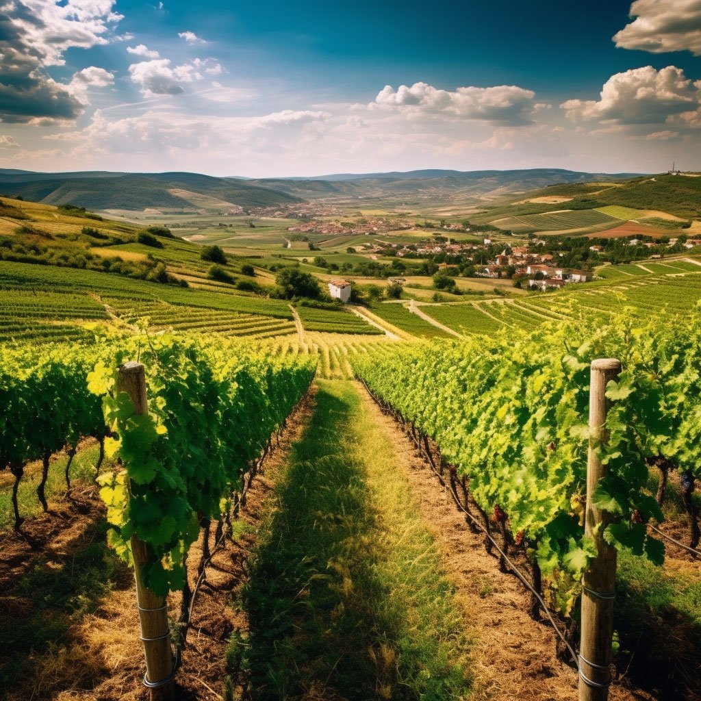 A panoramic view of a vineyard in Romania with rows of grape vines.