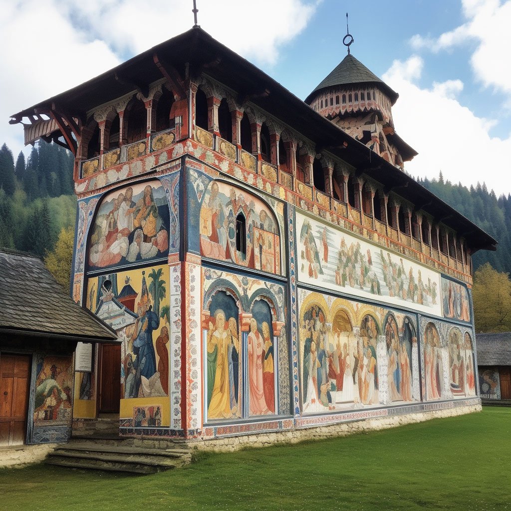 A panoramic view of one of Bucovina's painted monasteries, displaying the intricate and colorful frescoes on its exterior walls.