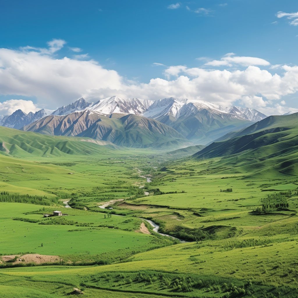 A panoramic view of the Aksu-Zhabagly Nature Reserve with snow-capped mountains in the background and the green valley in the foreground. 