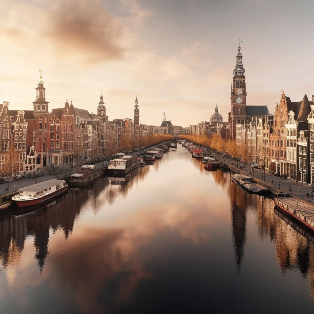 A panoramic view of the Amsterdam cityscape showcasing the iconic canals, century-old buildings, and towering landmarks.