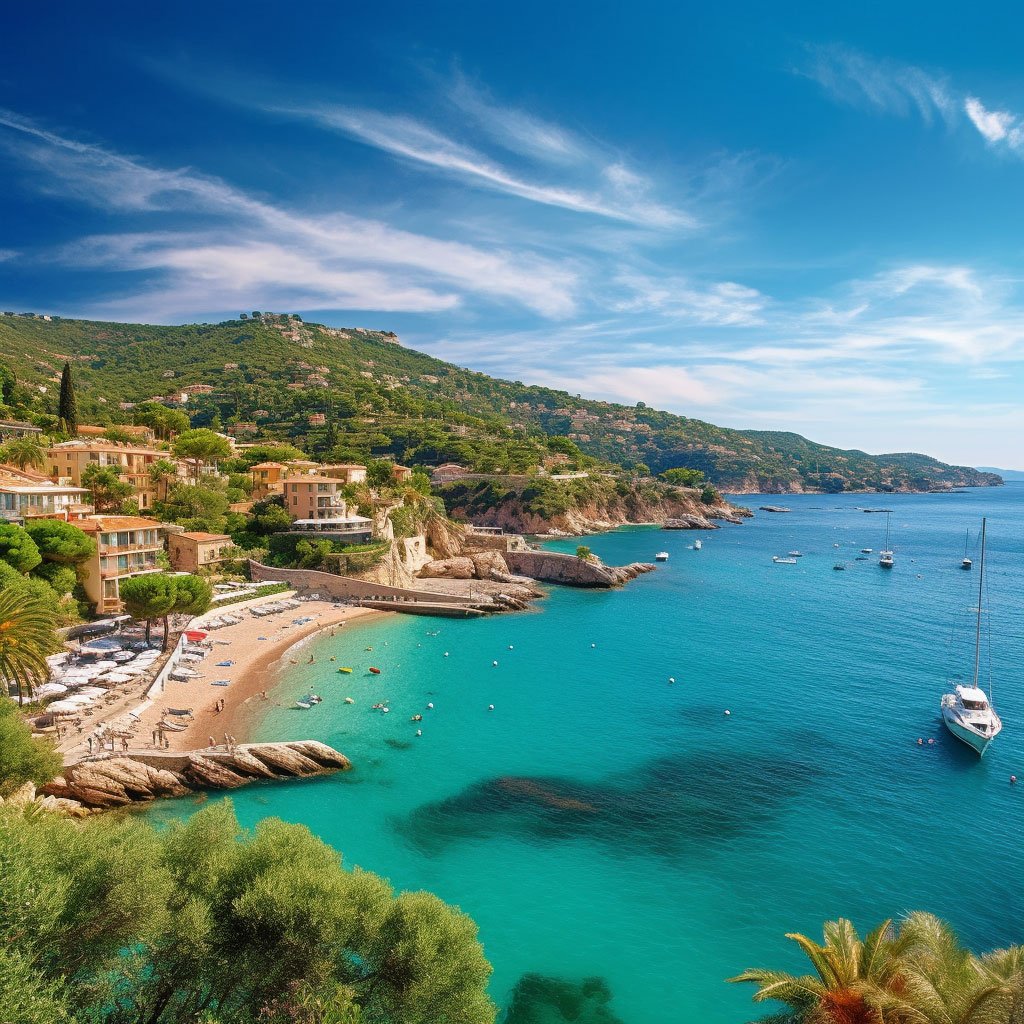 A panoramic view of the French Riviera with its stunning coastline, sandy beaches, and luxury yachts.