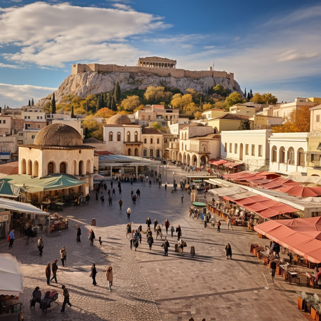 A panoramic view of the bustling Monastiraki Square with the Acropolis in the background.