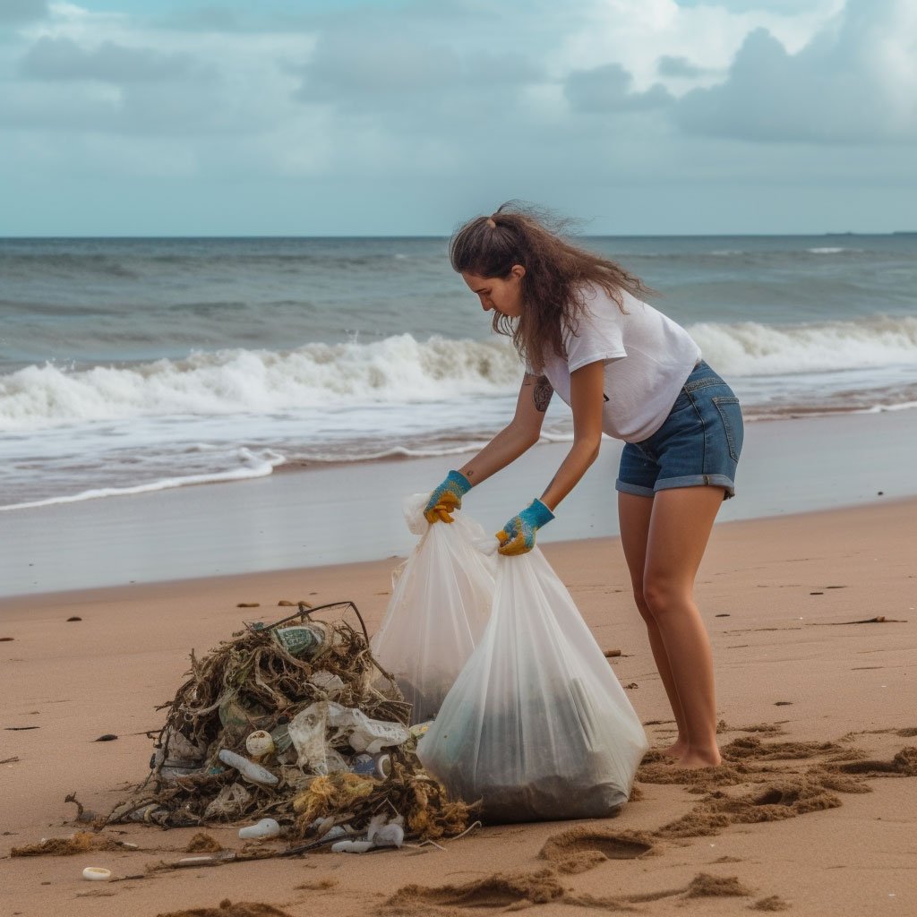 A photo illustrating responsible beach behavior, such as picking up trash.