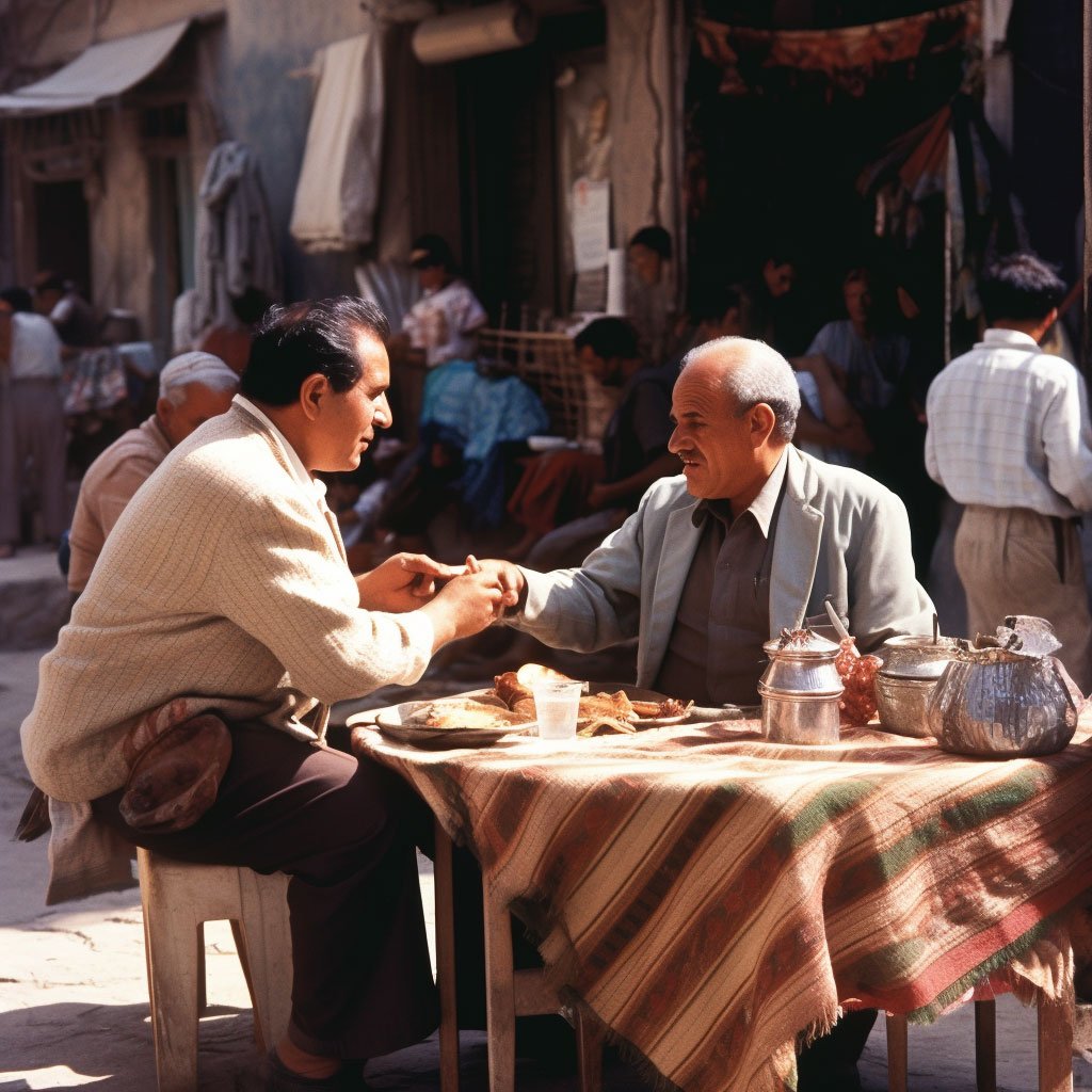 A photo showing an interaction with a local – perhaps a conversation at a market, or a shared meal.