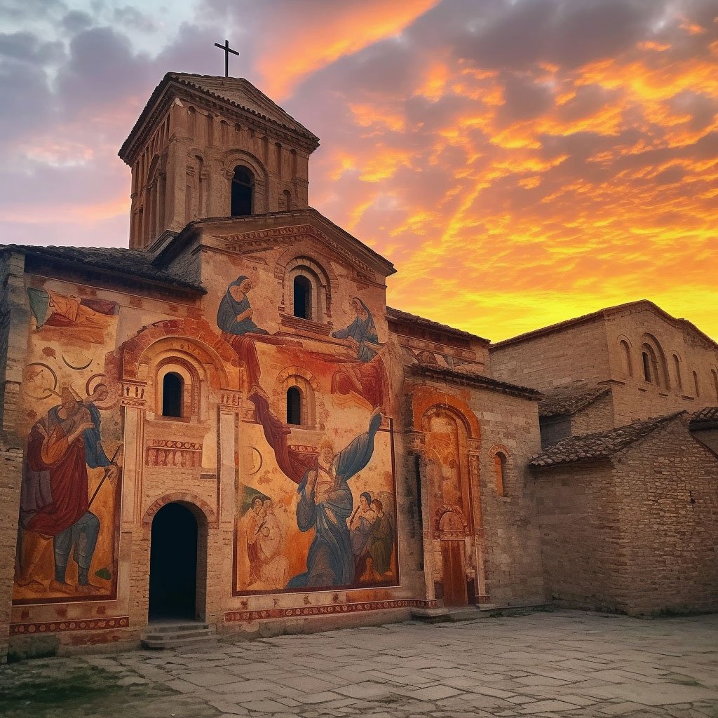 A picture of one of the painted monasteries at sunset, capturing the frescoes' colors against the twilight sky.
