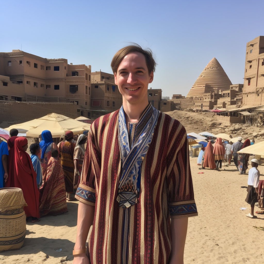 A picture of you wearing a traditional Egyptian galabeya, ideally with a local setting in the background.