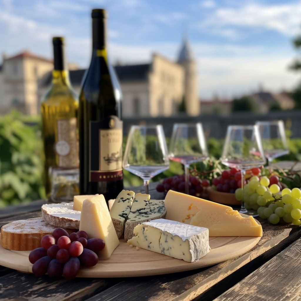 A picturesque vineyard in Bordeaux with rows of grapevines and a cheese platter with a variety of French cheeses in the foreground.