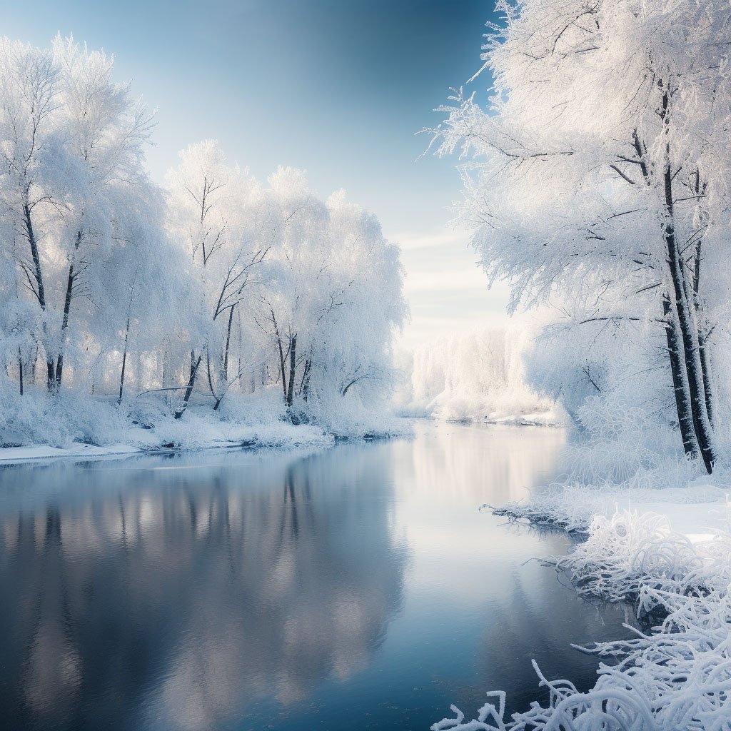 A picturesque winter scene with snow-laden trees and a calm, frozen lake.