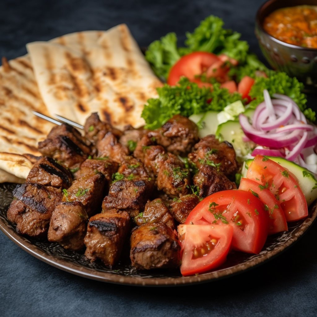 A plate of juicy Turkish kebabs served with bread and salad.