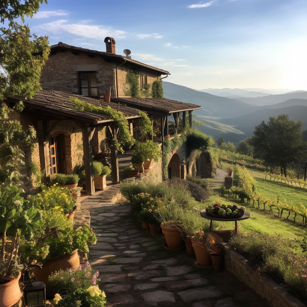 A quaint and rustic Italian agriturismo with scenic countryside in the background.