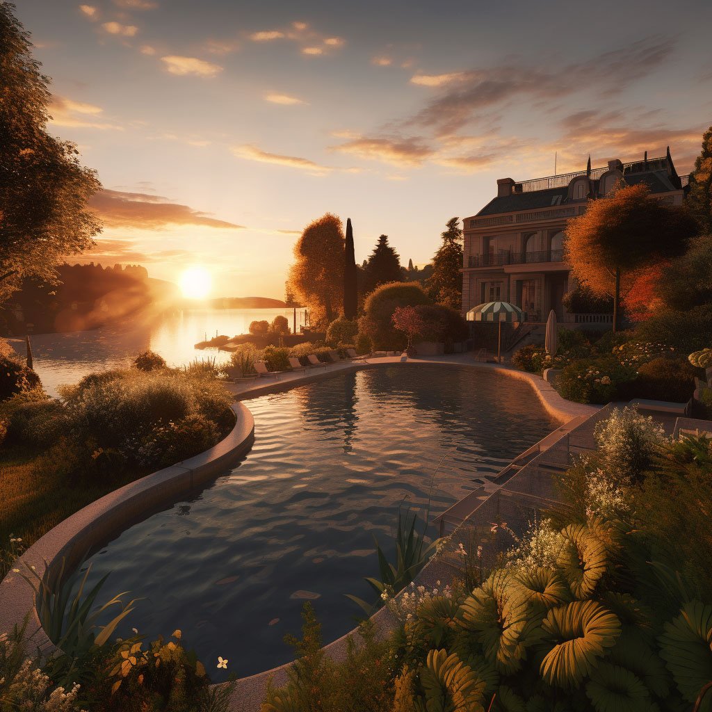 A relaxing sunset view of a spa resort in the French countryside or coast.