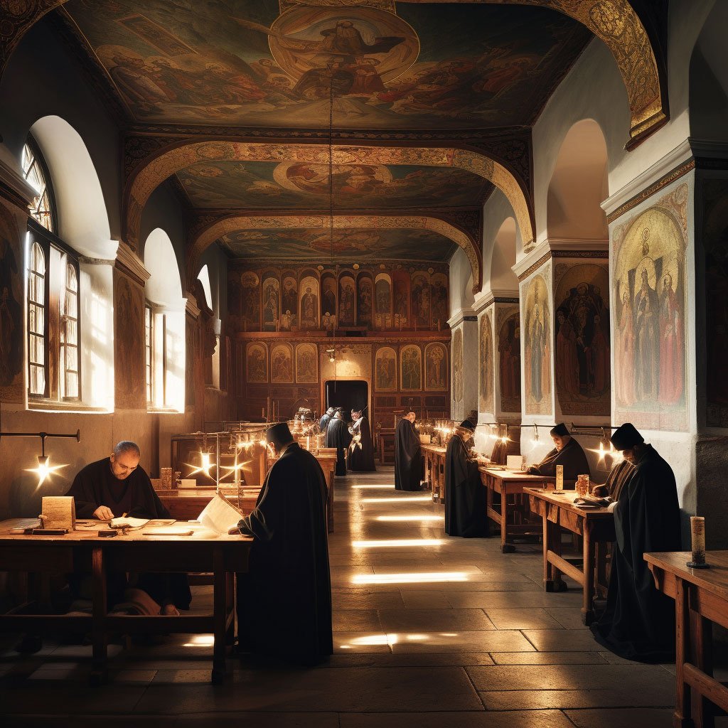 A serene shot of a monastery's interior, showing a service in progress.