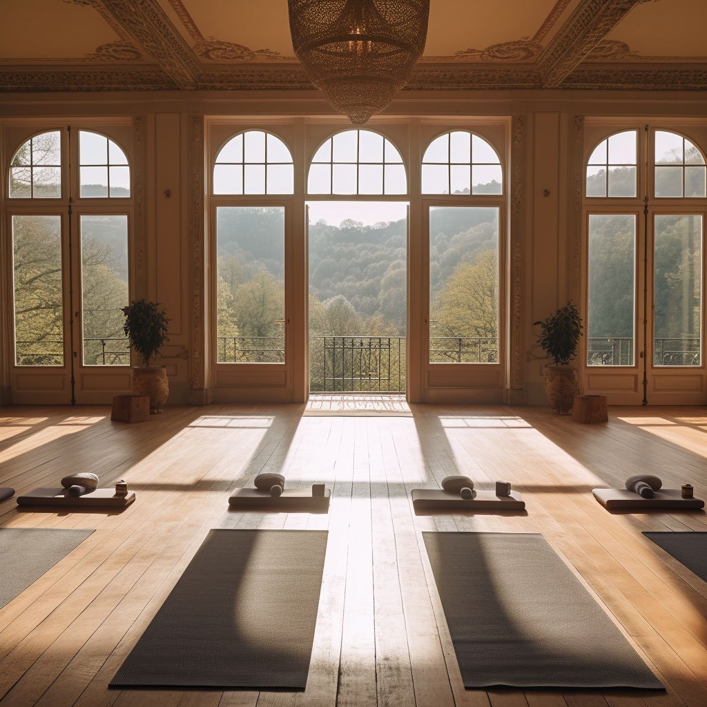 A serene view of a yoga session or wellness workshop at Domaine de la Grausse or Château de la Messardière.