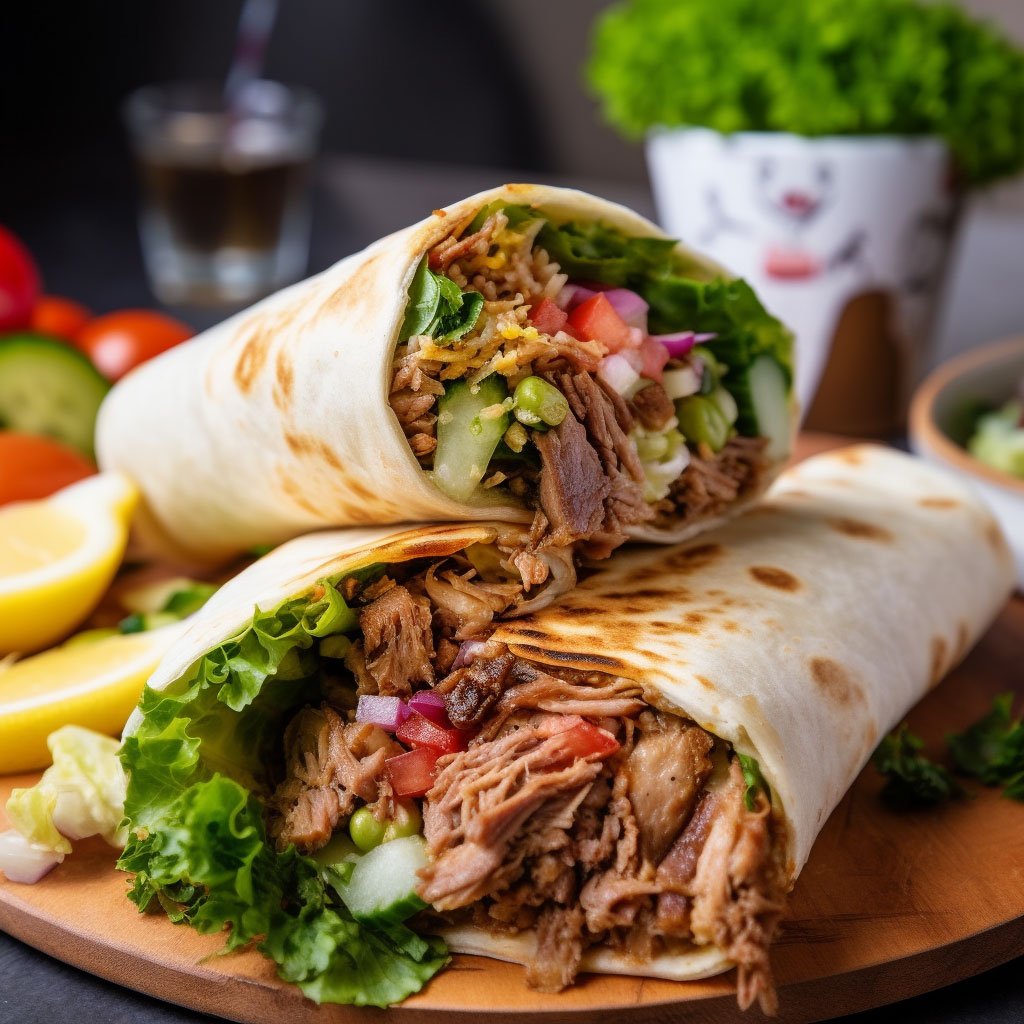 A shot of a juicy shawarma wrap, cut open to reveal the succulent meat and fresh salad inside.