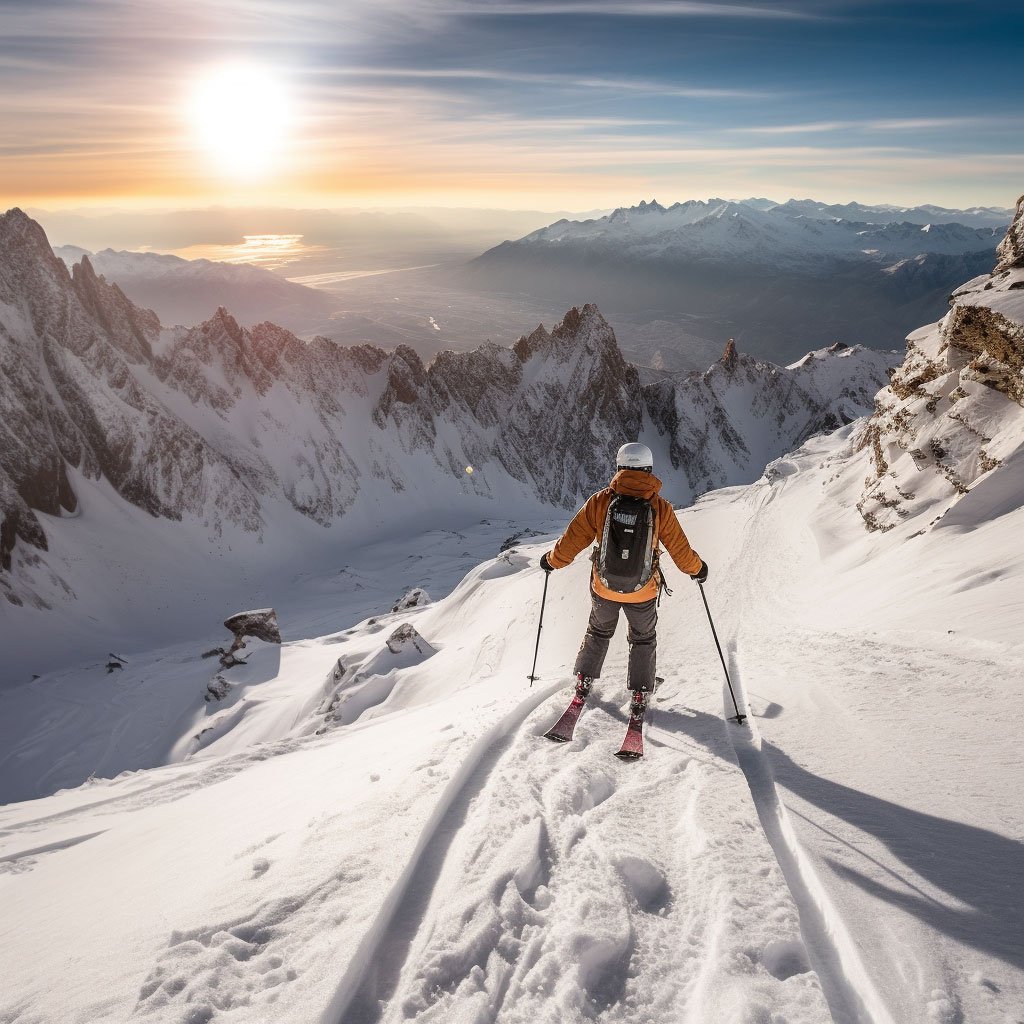 A skier descending a slope in Sierra Nevada with mountains in the background.