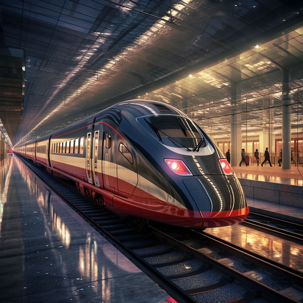 A sleek high-speed train pulling into a modern station.