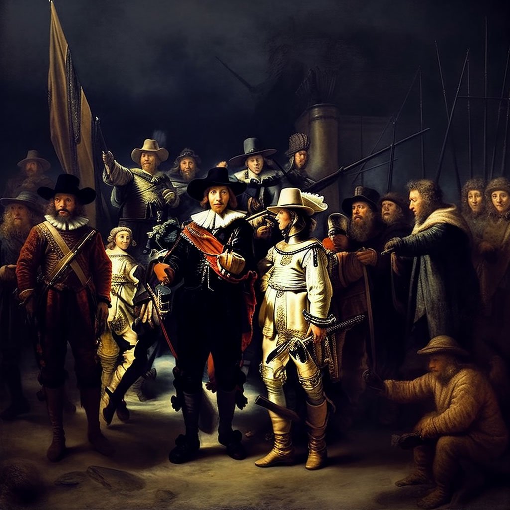 A snapshot of "The Night Watch" painting by Rembrandt.