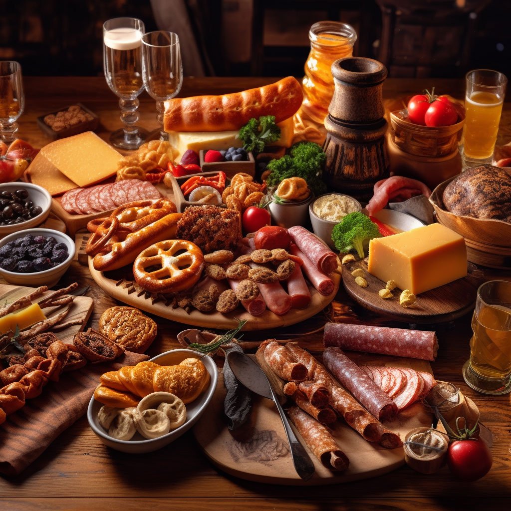 A spread of traditional German foods including pretzels, sausages, sourdough bread, beer, and regional specialities.