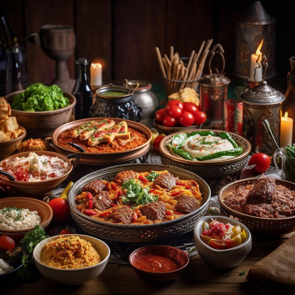 A spread of various traditional Turkish dishes on a table.