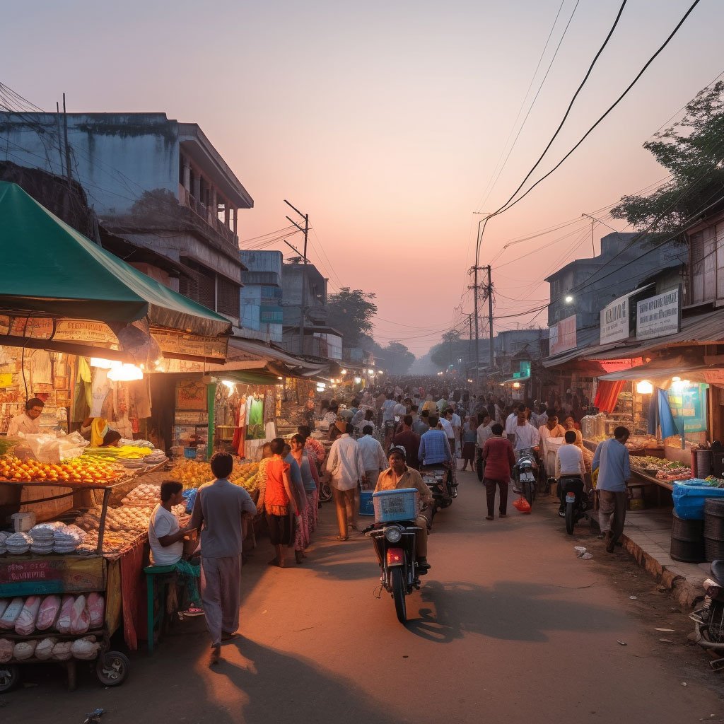 A street-view shot of a smaller, local bazaar at sunset, illustrating the daily winding down of market activities.