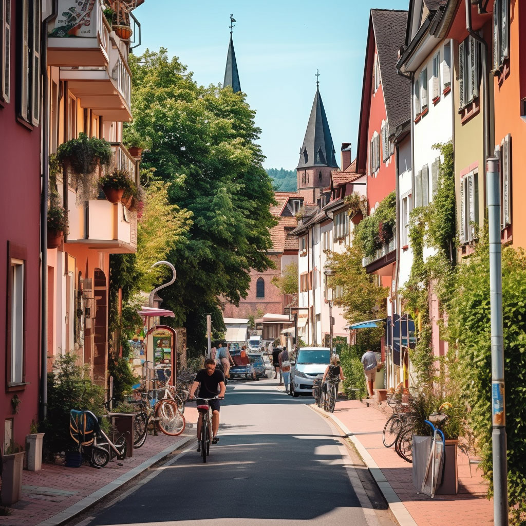 A street view in Freiburg, featuring solar-paneled houses and a bicycle lane.