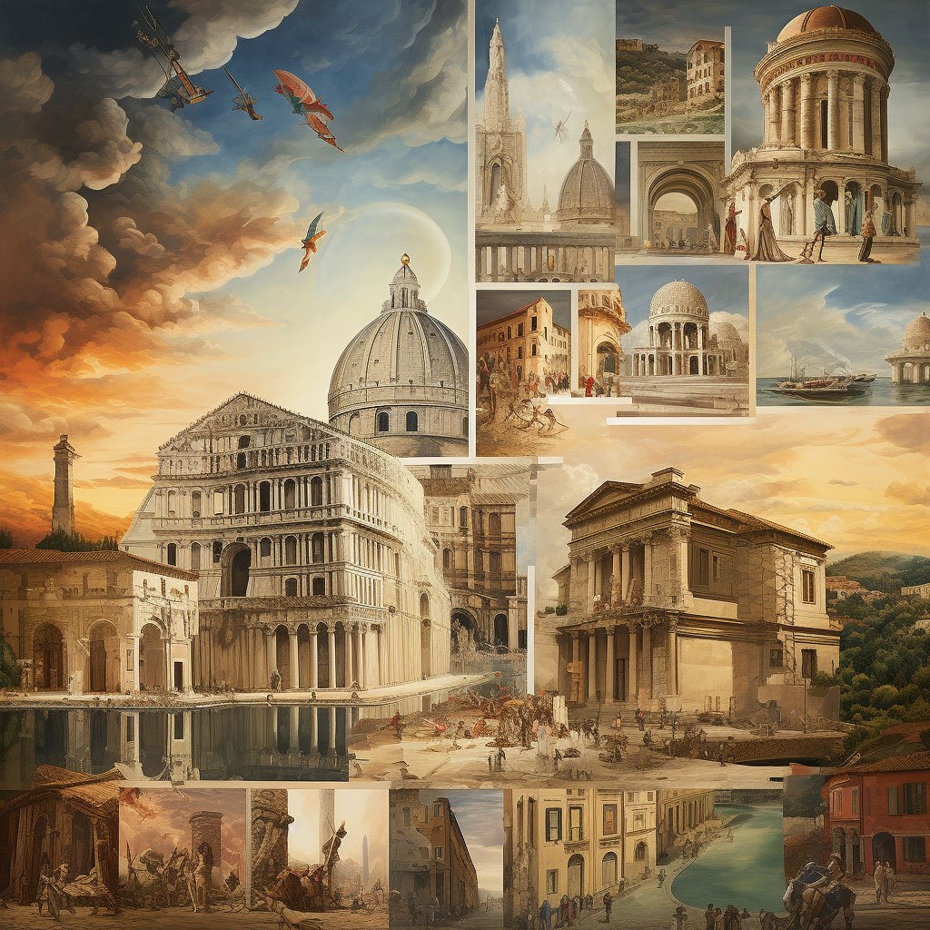 A stunning collage featuring iconic Italian art and architectural sites, such as the Uffizi Gallery, the Colosseum, and the Milan Cathedral.