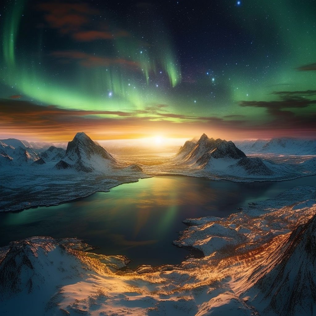 A stunning landscape of Norway where the sky is half illuminated by the Midnight Sun and half filled with the Northern Lights. 