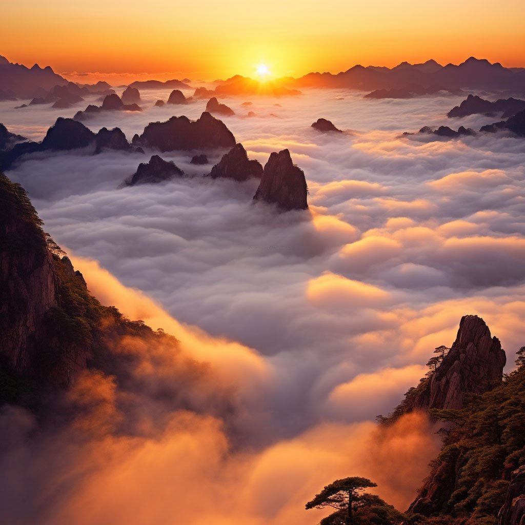A stunning sunrise over the "sea of clouds" at the Yellow Mountains.