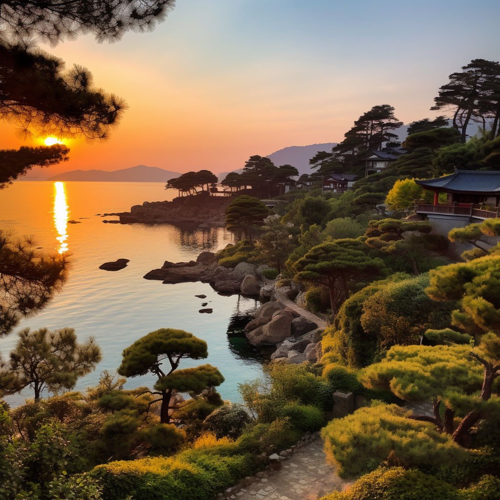 A sunset view of Korea's beautiful landscapes, including mountains, a serene garden, and a tranquil sea, embodying the tranquility and beauty of nature in Korea.