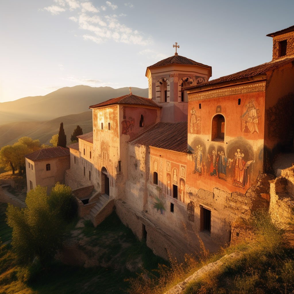 A sunset view of one of the painted monasteries, highlighting the stunning frescoes in the warm evening light.