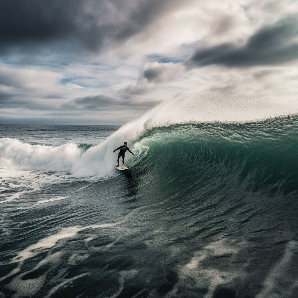 A surfer riding a wave in the Bay of Biscay.