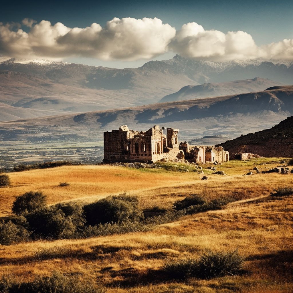 A sweeping landscape of Turkey with the ruins of ancient Anatolian civilizations in the foreground and the mountains of Anatolia in the background. 