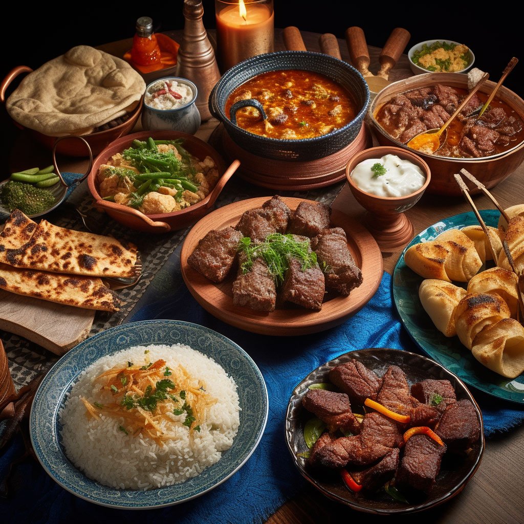 A table spread of traditional Kazakh dishes, featuring beshbarmak, kumis, and shashlik.