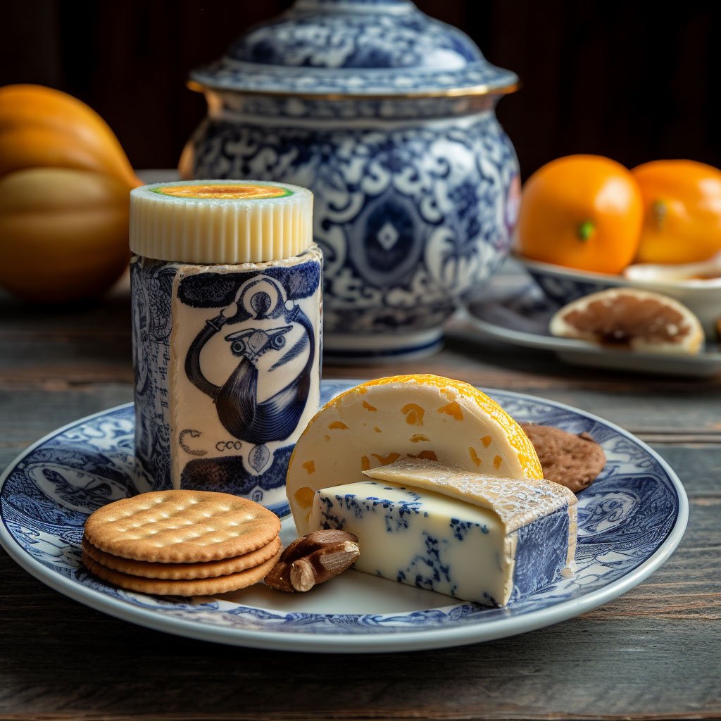 A tempting close-up shot of Dutch Gouda cheese, stroopwafels, and herring, arranged artfully on a traditional Dutch Delftware.