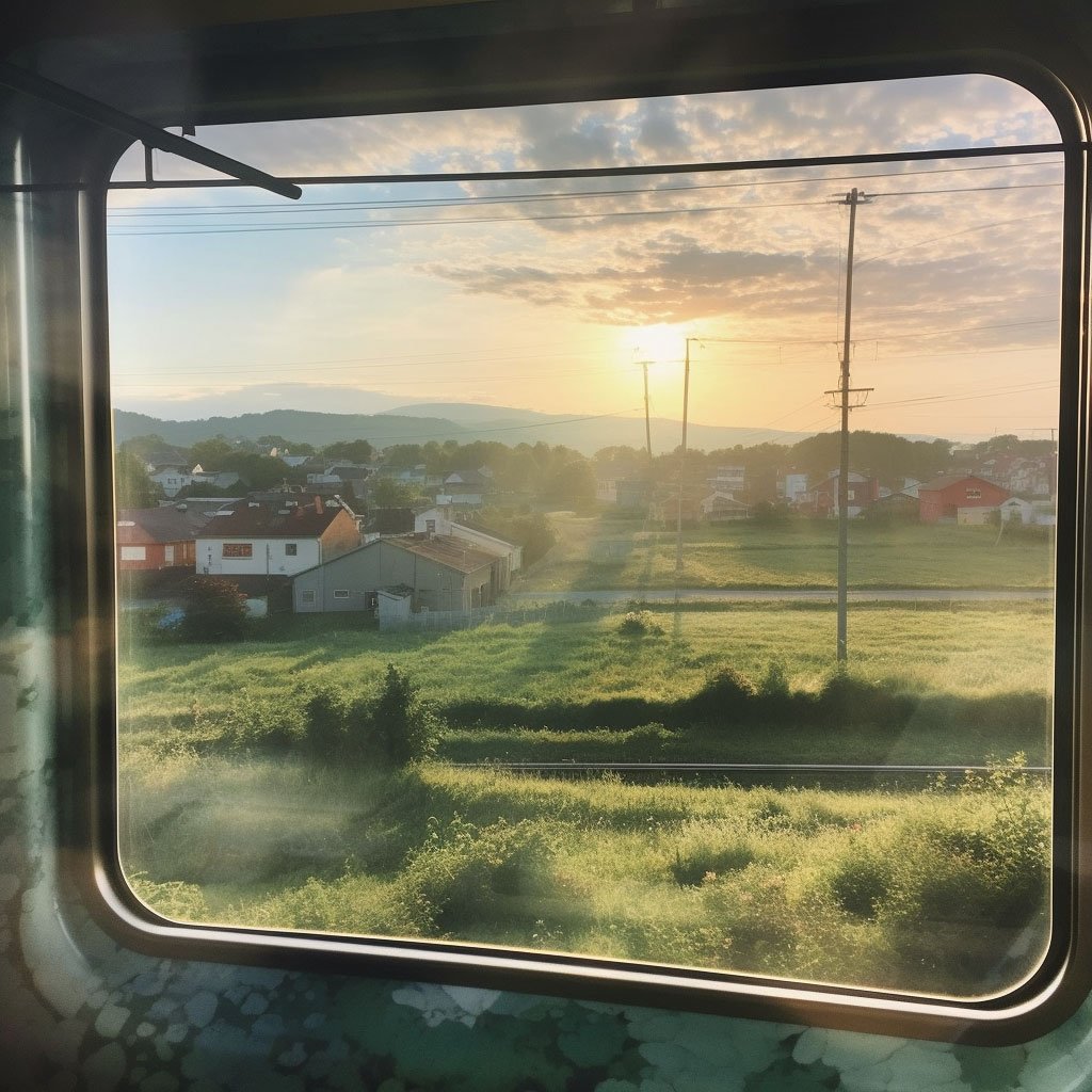 A view from the high-speed rail train window showing a blend of cityscapes and rural landscapes.