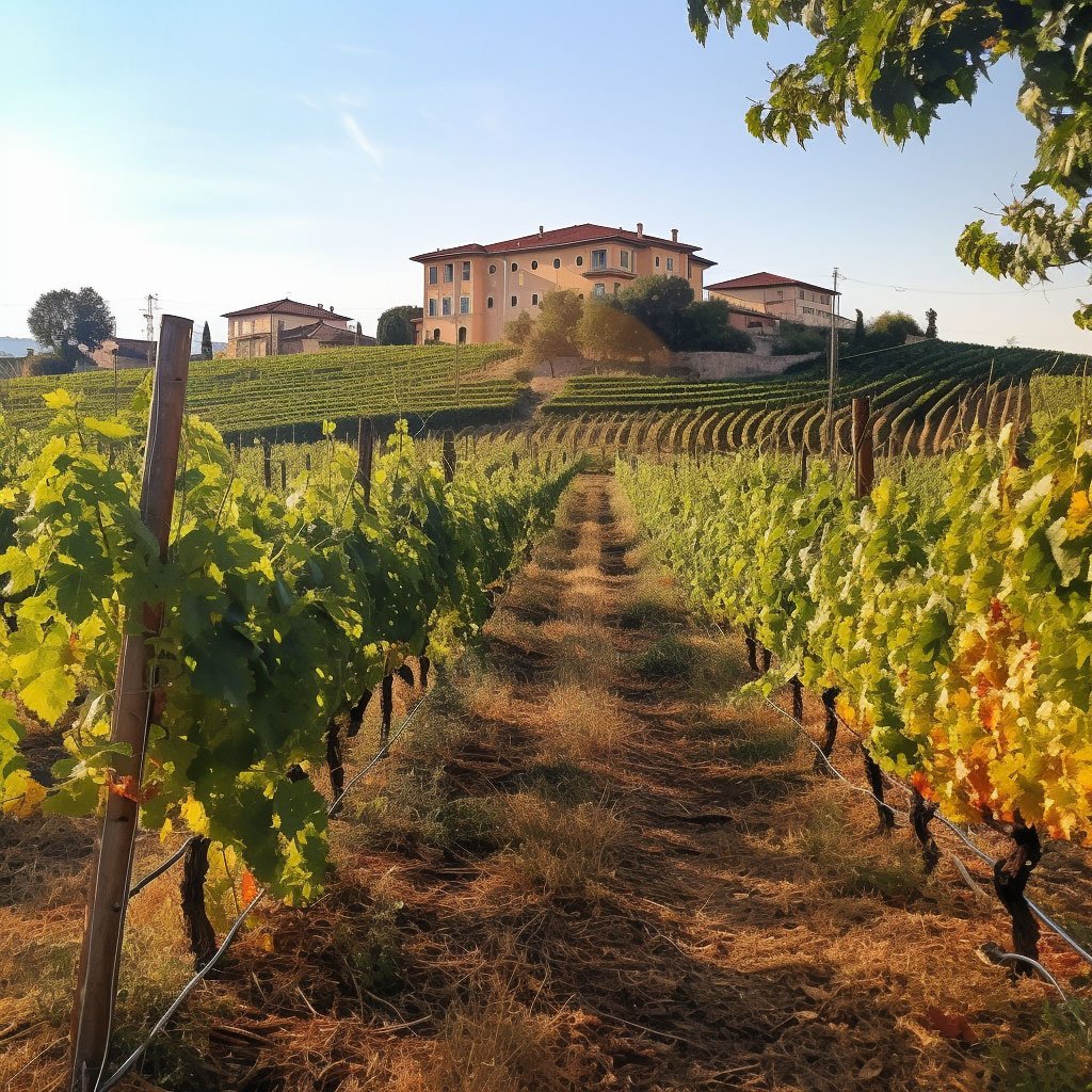 A view of the sunlit vineyards in Cotnari with the winery building in the background.