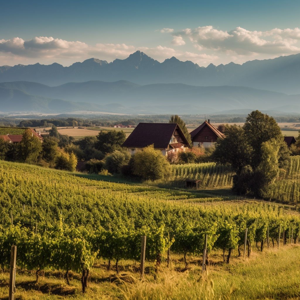 A vineyard in Transylvania with the Carpathian mountains in the background.