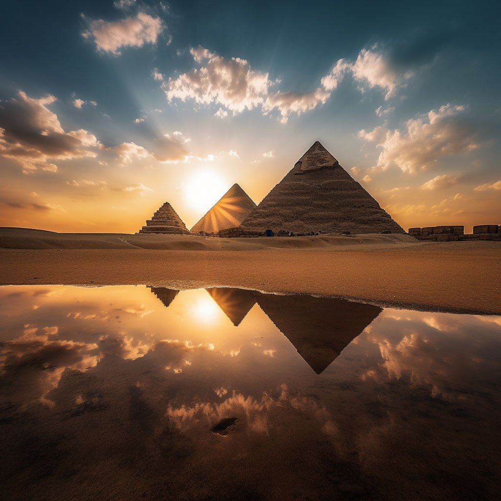 A wide-angle shot capturing all three Pyramids of Giza and the Sphinx in one frame. 