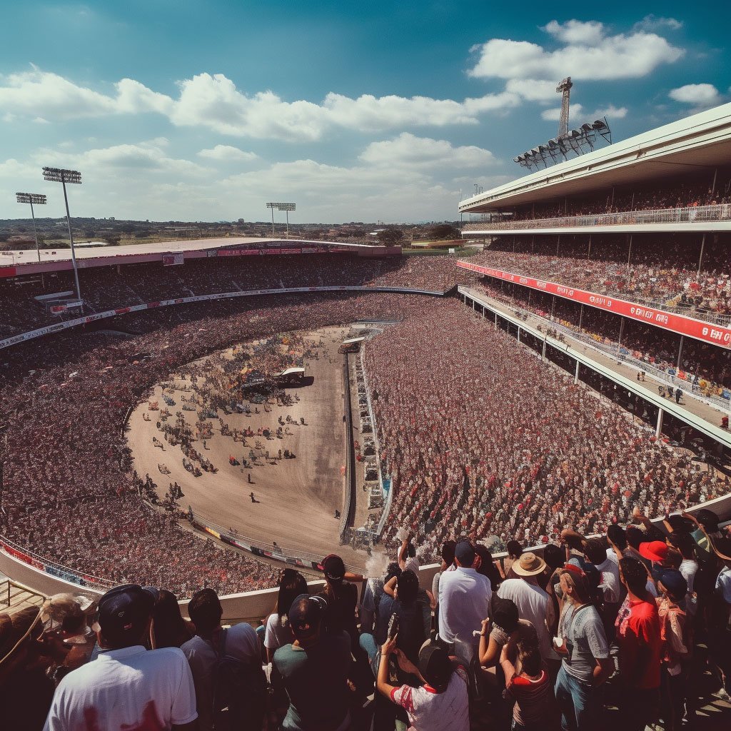 A wide-angle shot of the Sambódromo filled with spectators and participants during the parade.