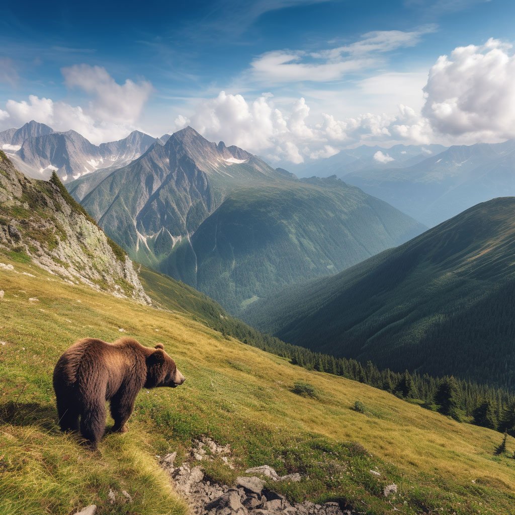 A wide-angle view of the Carpathian mountains with a brown bear in the foreground.