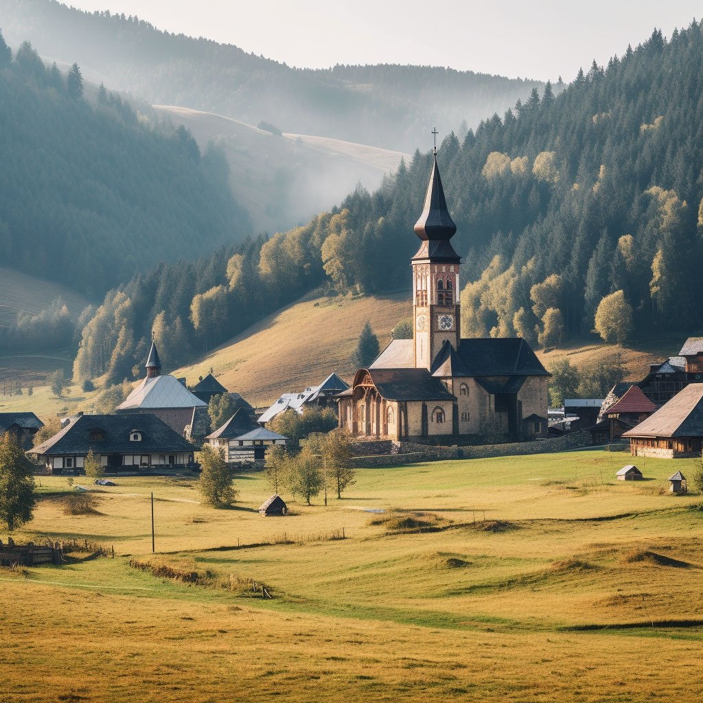 A wider view of a monastery amidst Bucovina's beautiful landscapes.