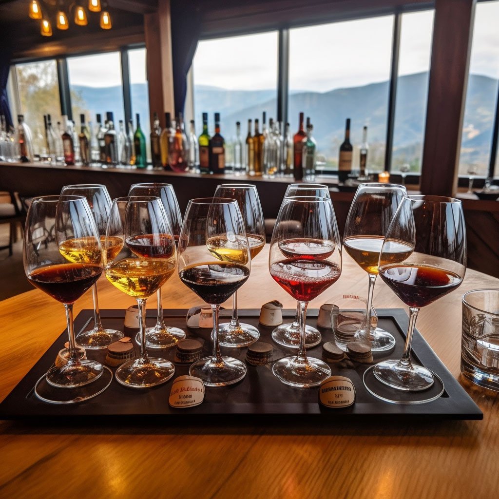 A wine tasting set up with several glasses of Romanian wines.