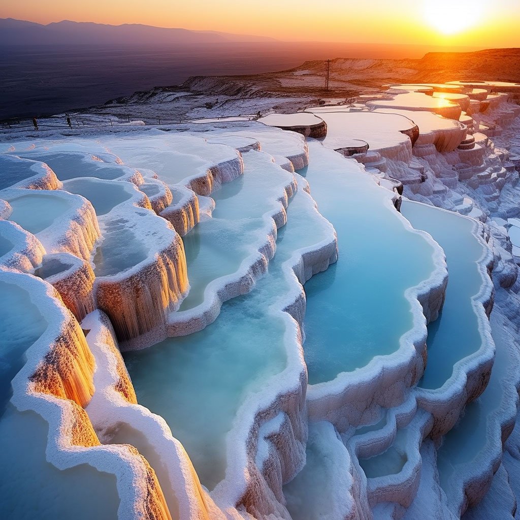 An aerial shot of Pamukkale's cascading thermal pools at sunrise, creating a spectacular play of colors.