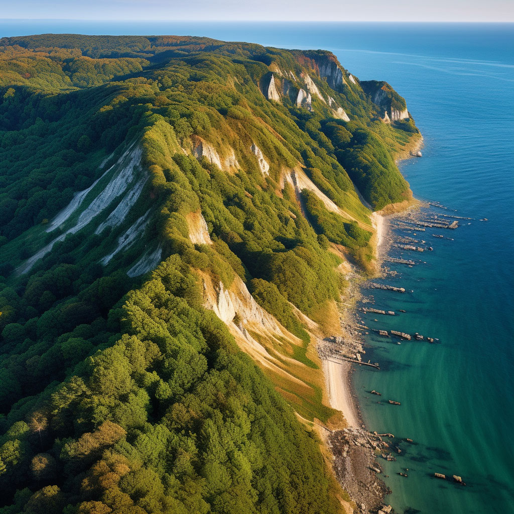 An aerial view of Jasmund National Park, showcasing the dense beech forest and the rugged chalk cliffs.