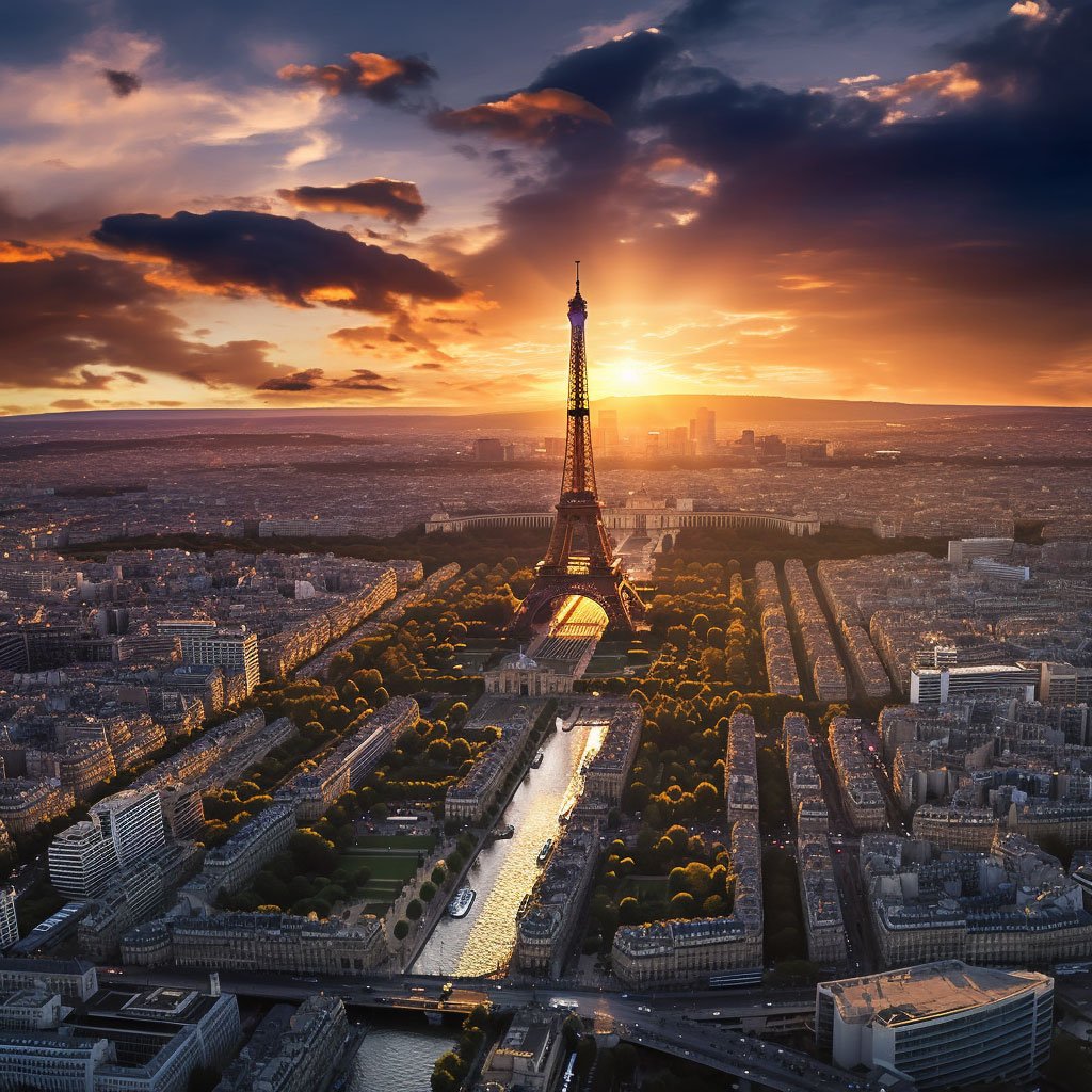 An aerial view of Paris at sunset with the Eiffel Tower in the background.