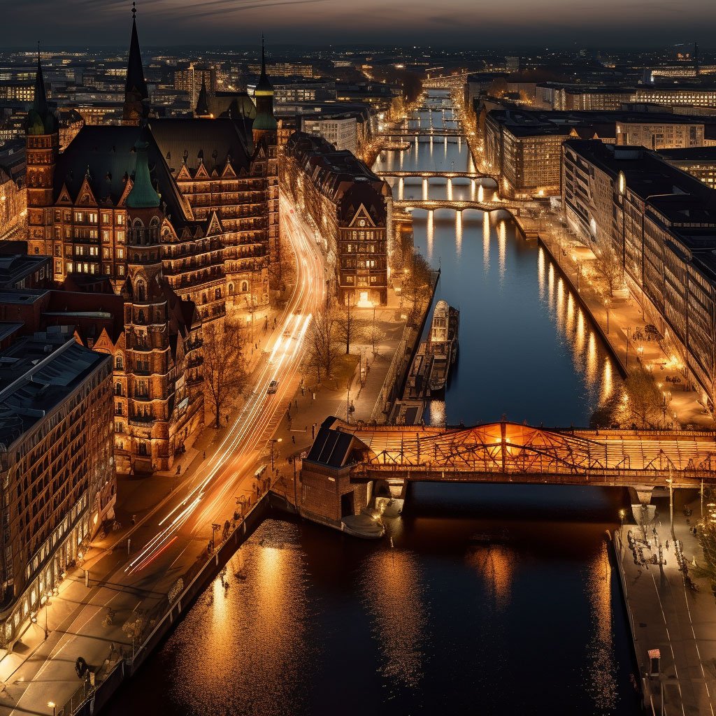 An aerial view of Speicherstadt in Hamburg lit up in the evening.