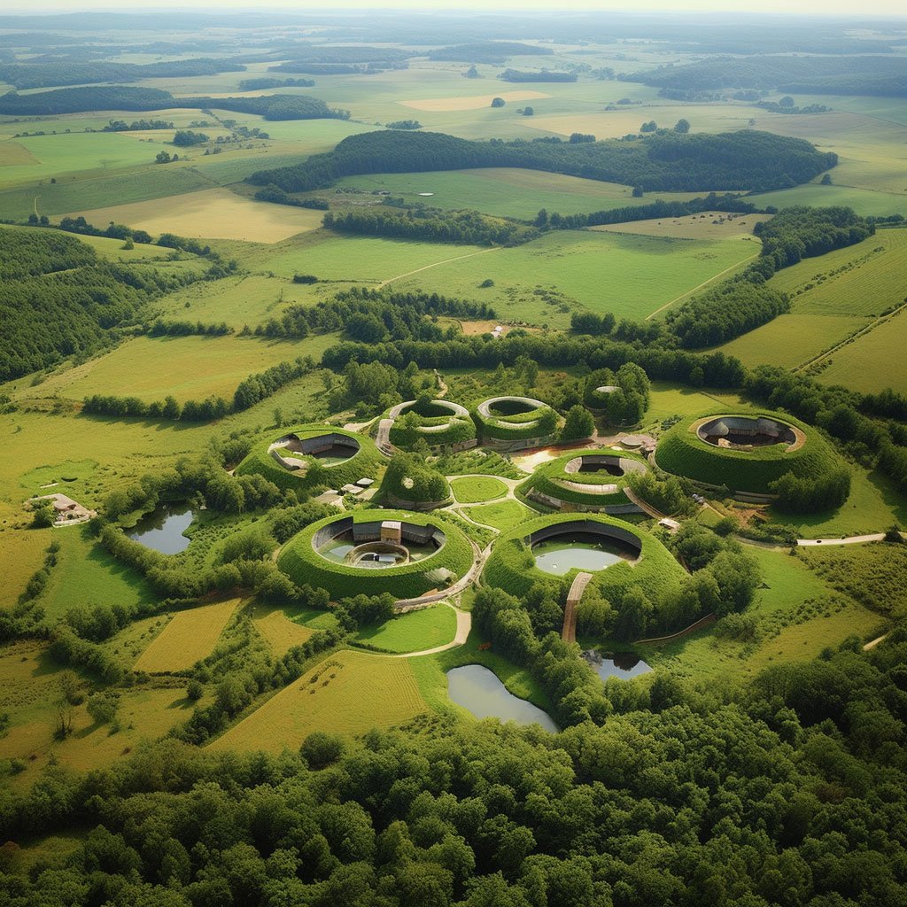 An aerial view of an eco-resort nestled in the verdant French countryside.