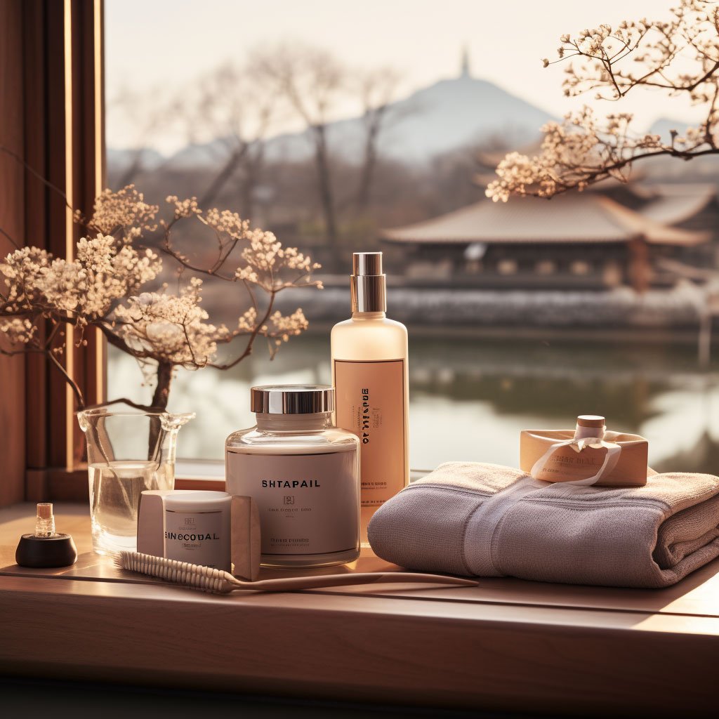 An arranged collection of Korean skincare products, a plush bathrobe, and a peaceful Jjimjilbang scene in the background.